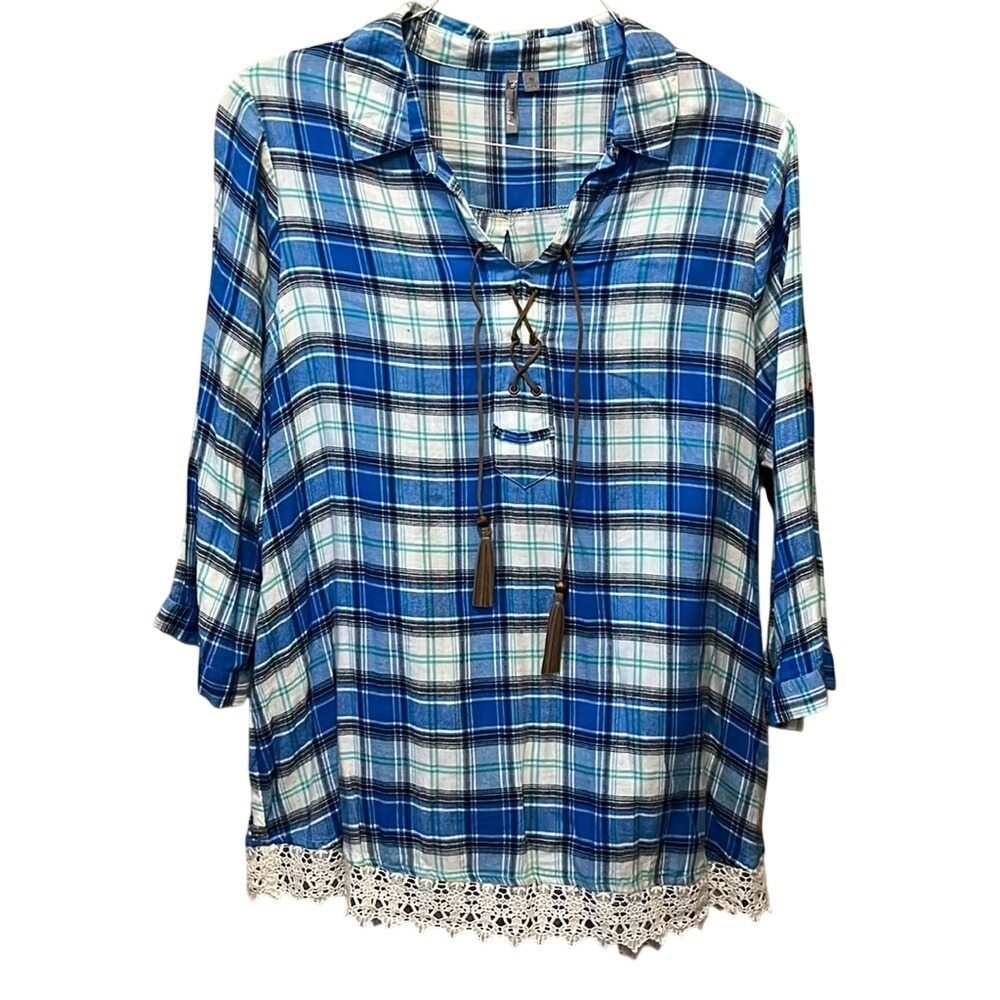 One World Blue Plaid Lace Up Tassel Tunic Top Crochet Lace Hem Womens XL